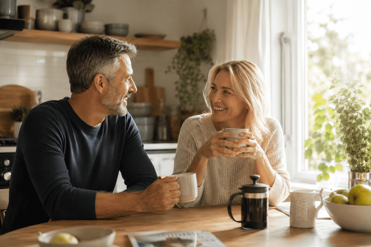 Mature couple talking together at a kitchen table in natural daylight